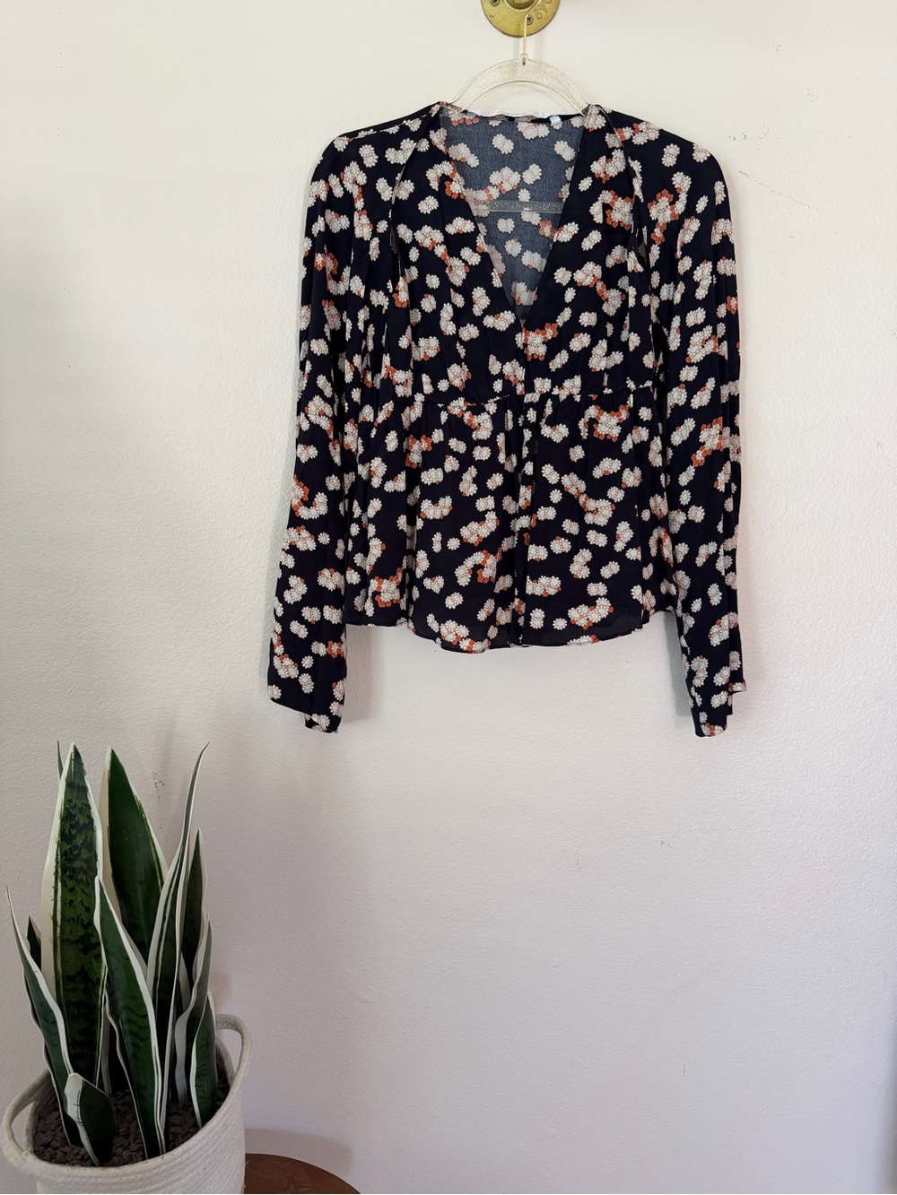 Zara navy blue floral bell sleeve top